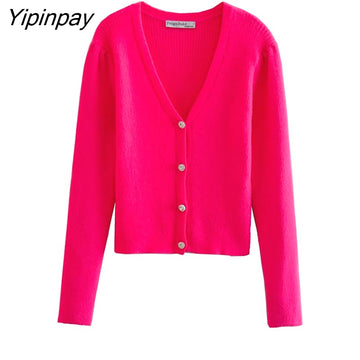 Yipinpay New Solid Ladies Knitted Sweater 2023 Autumn Winter Warm V-Neck Coat Single Breasted Cardigan Long Sleeve Harajuku Tops